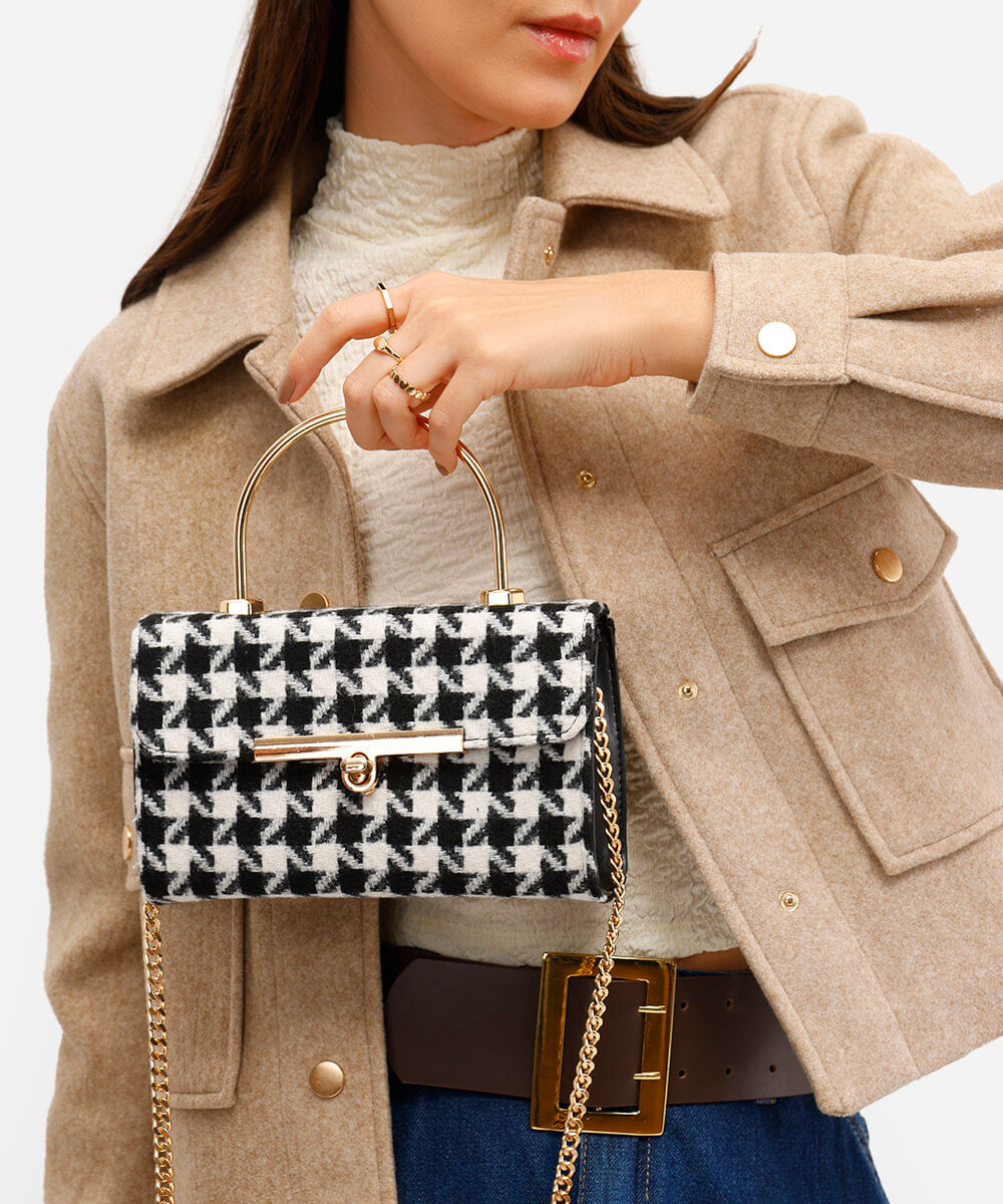 bolsa feminina de tweed pied de poule preta