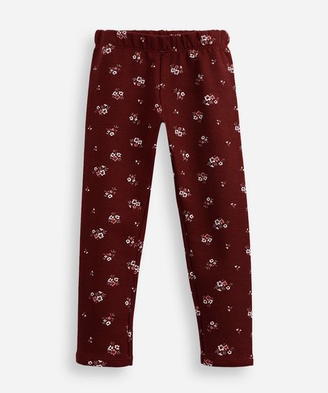 calça legging infantil de moletom floral vinho