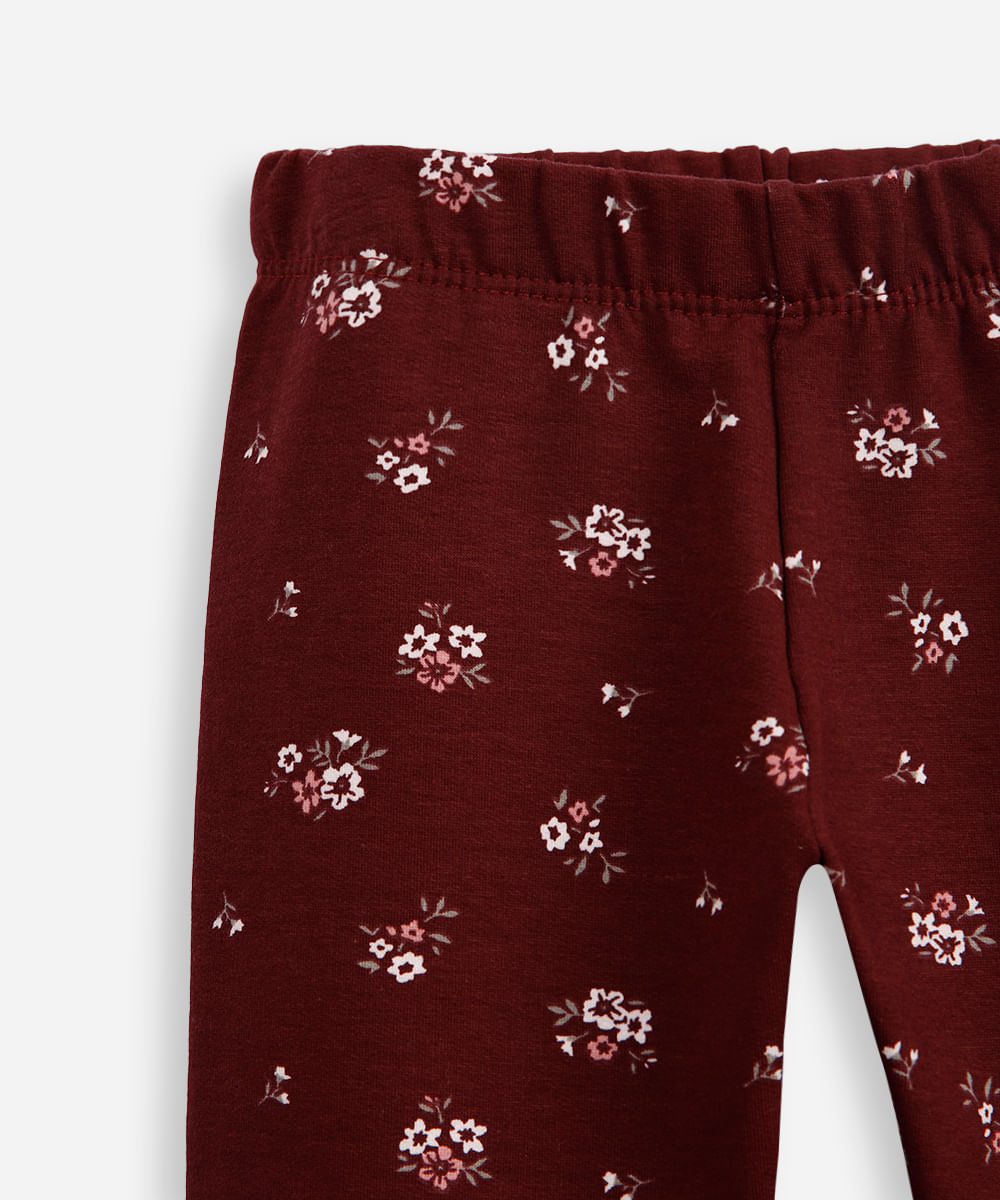 calça legging infantil de moletom floral vinho