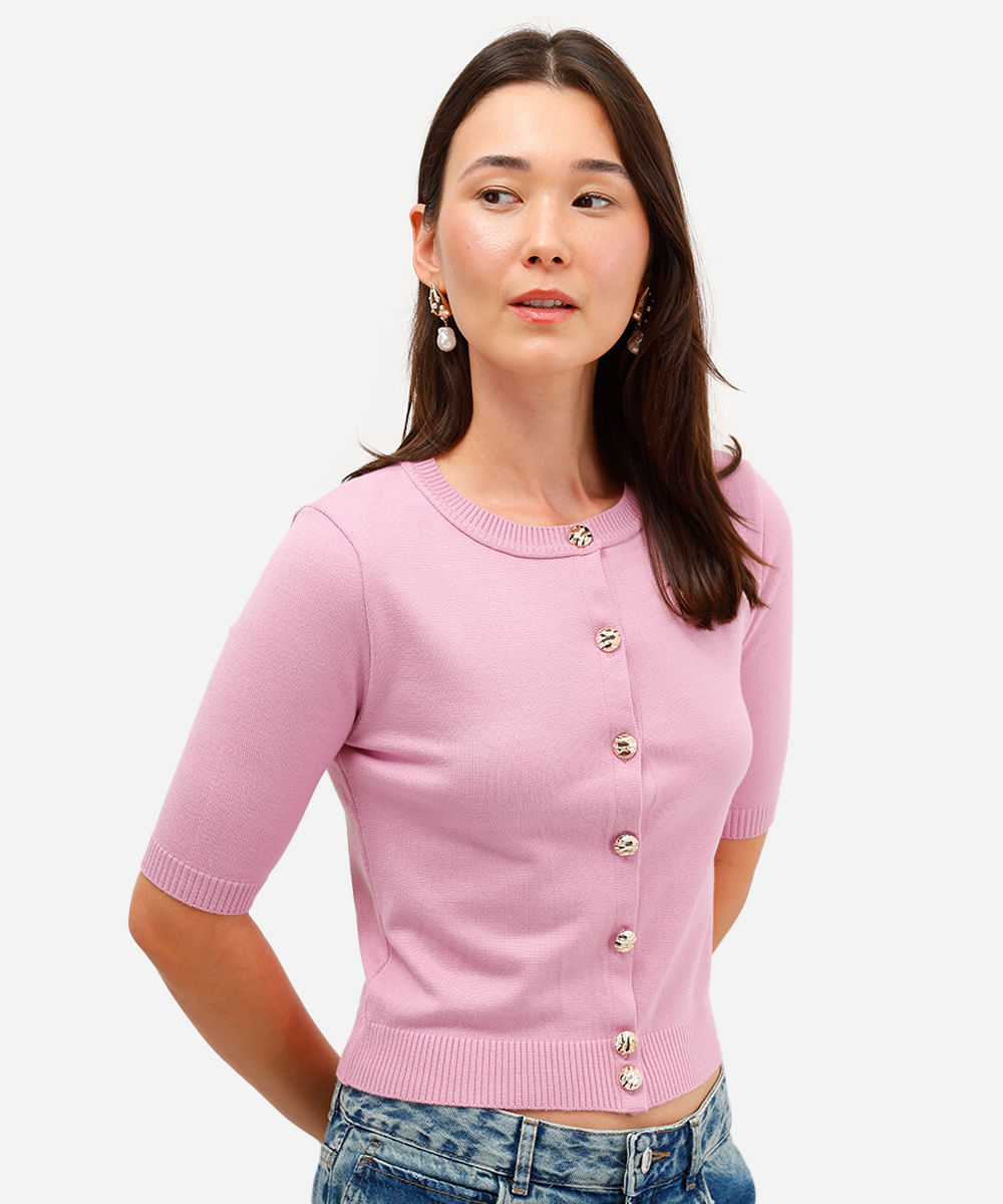cardigan feminino de tricot com botões rosa