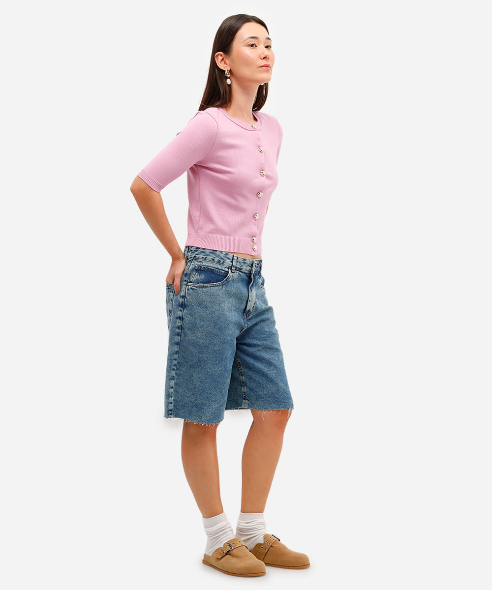 cardigan feminino de tricot com botões rosa