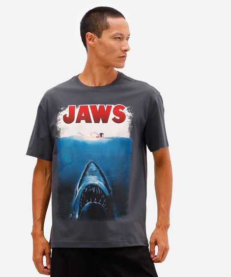 camiseta masculina de algodão tubarão cinza