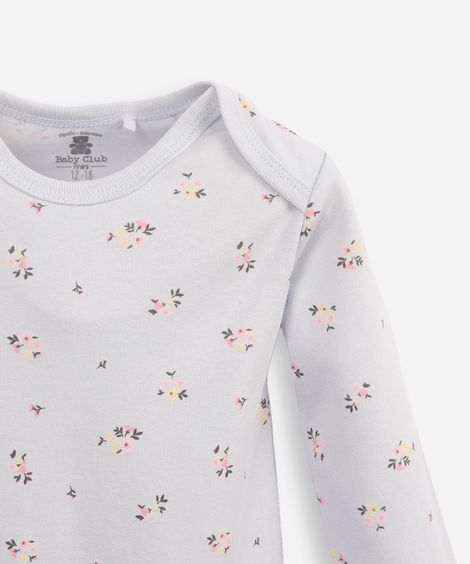 body infantil de algodão manga longa floral azul