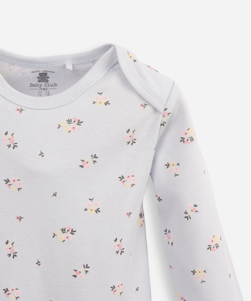 body infantil de algodão manga longa floral azul