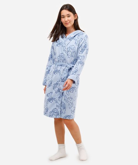 roupão feminino em fleece stitch com capuz azul