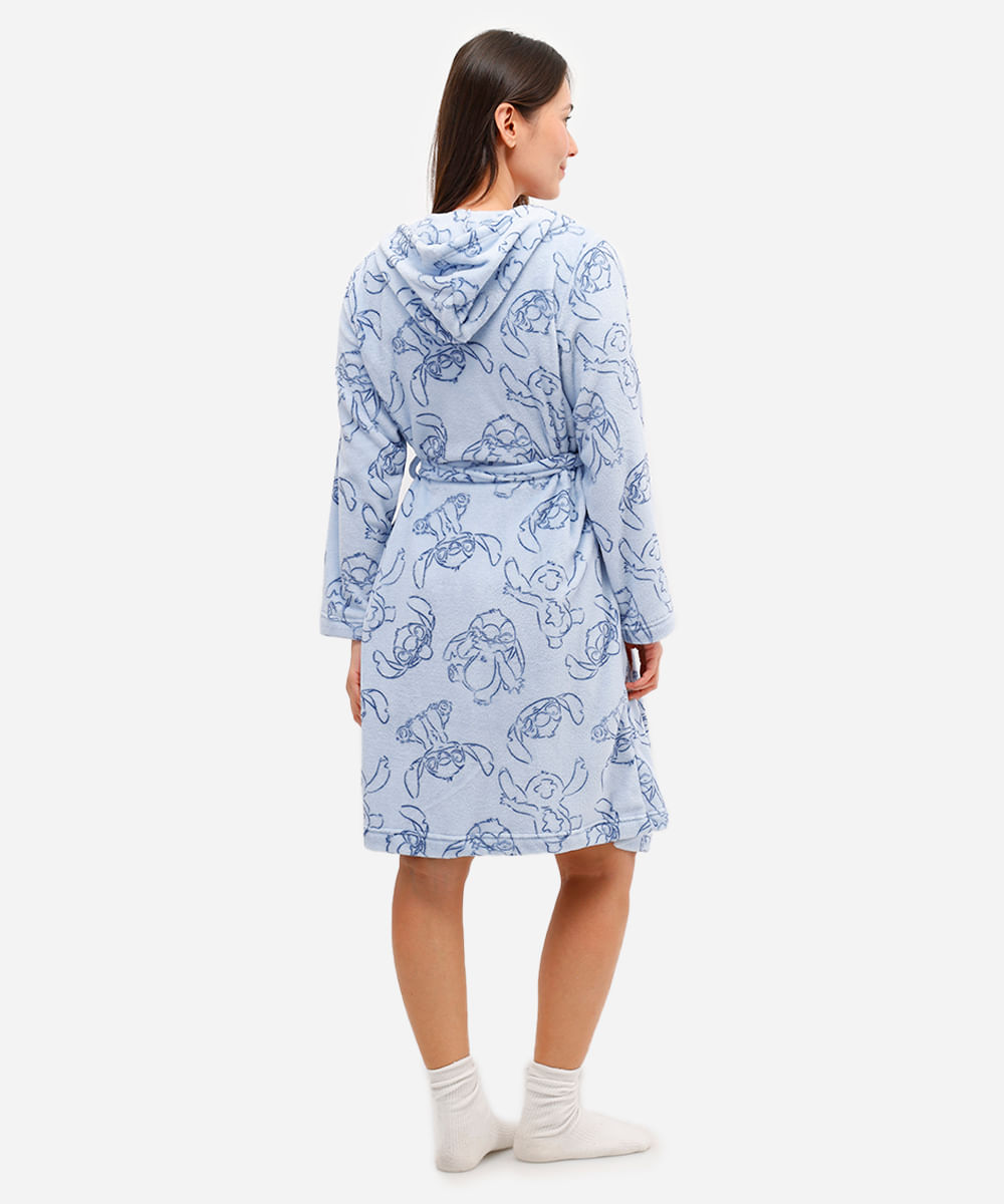 roupão feminino em fleece stitch com capuz azul