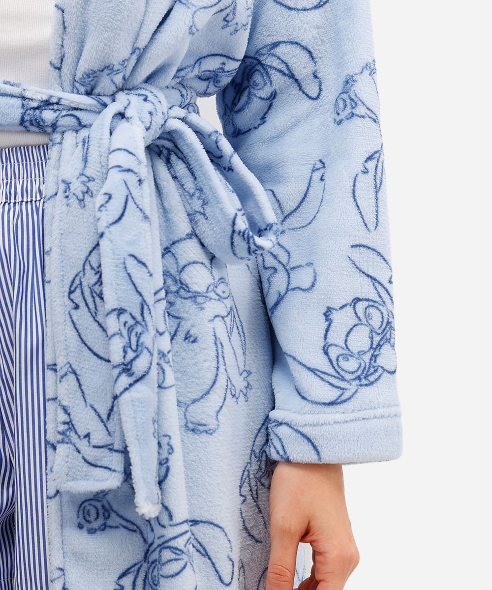 roupão feminino em fleece stitch com capuz azul