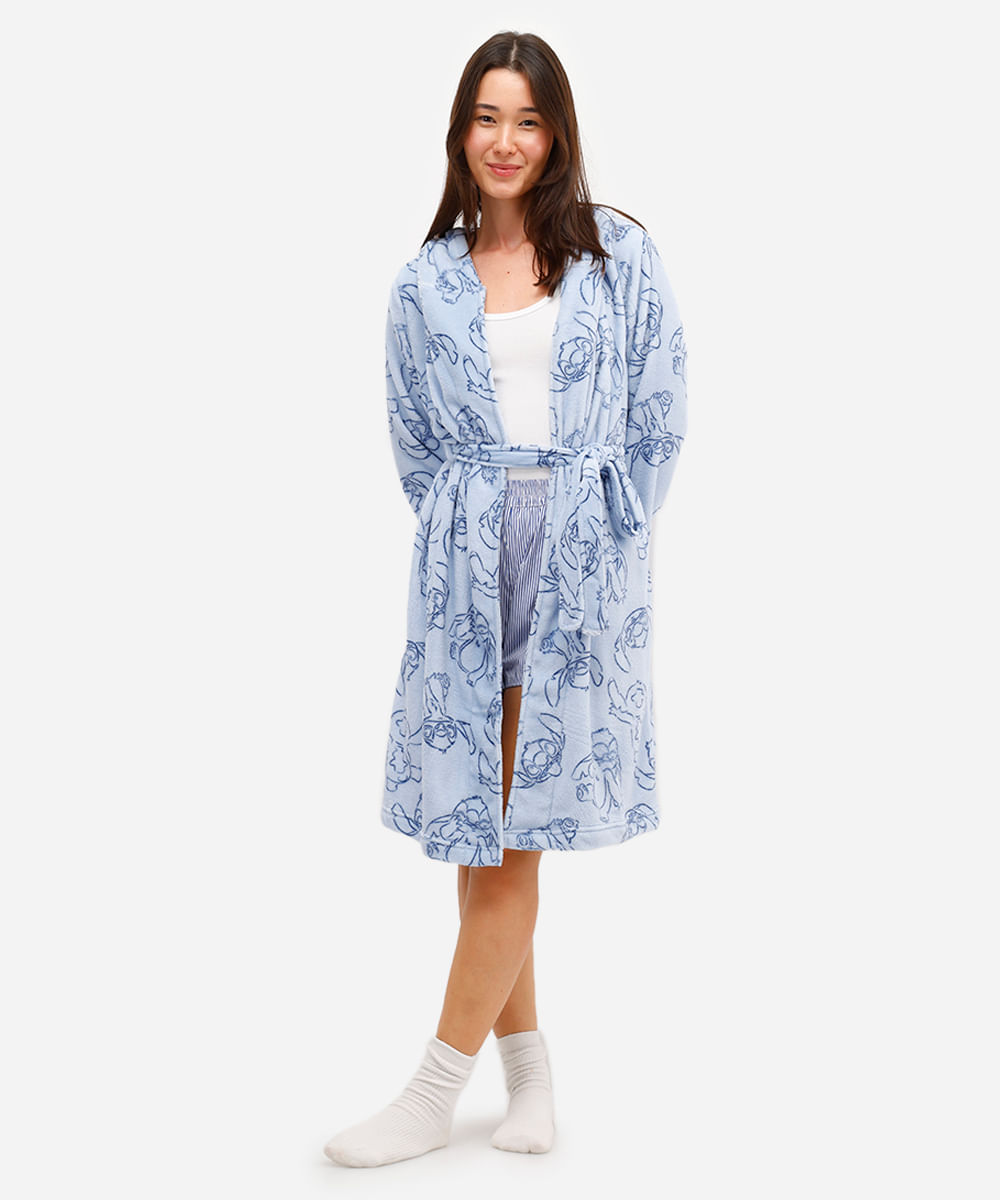 roupão feminino em fleece stitch com capuz azul