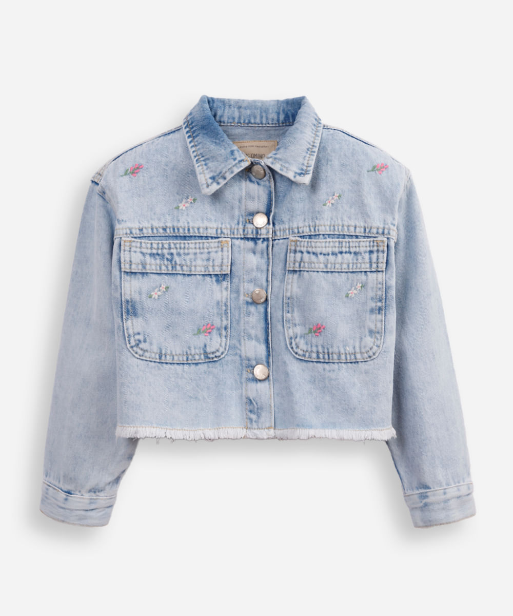 jaqueta jeans infantil floral azul