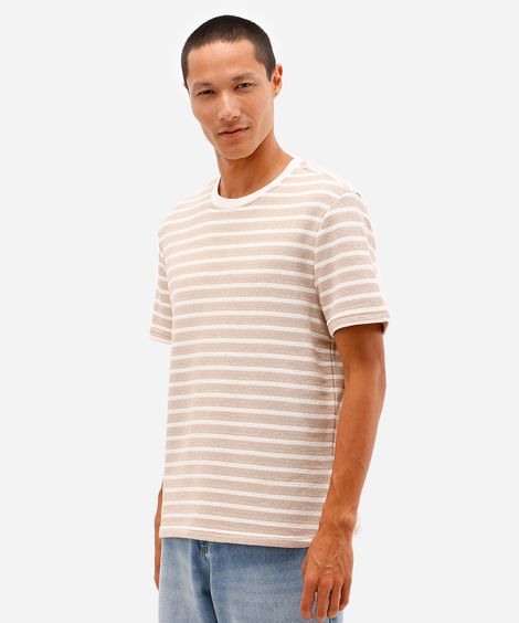 camiseta masculina de algodão texturizada e listrada bege