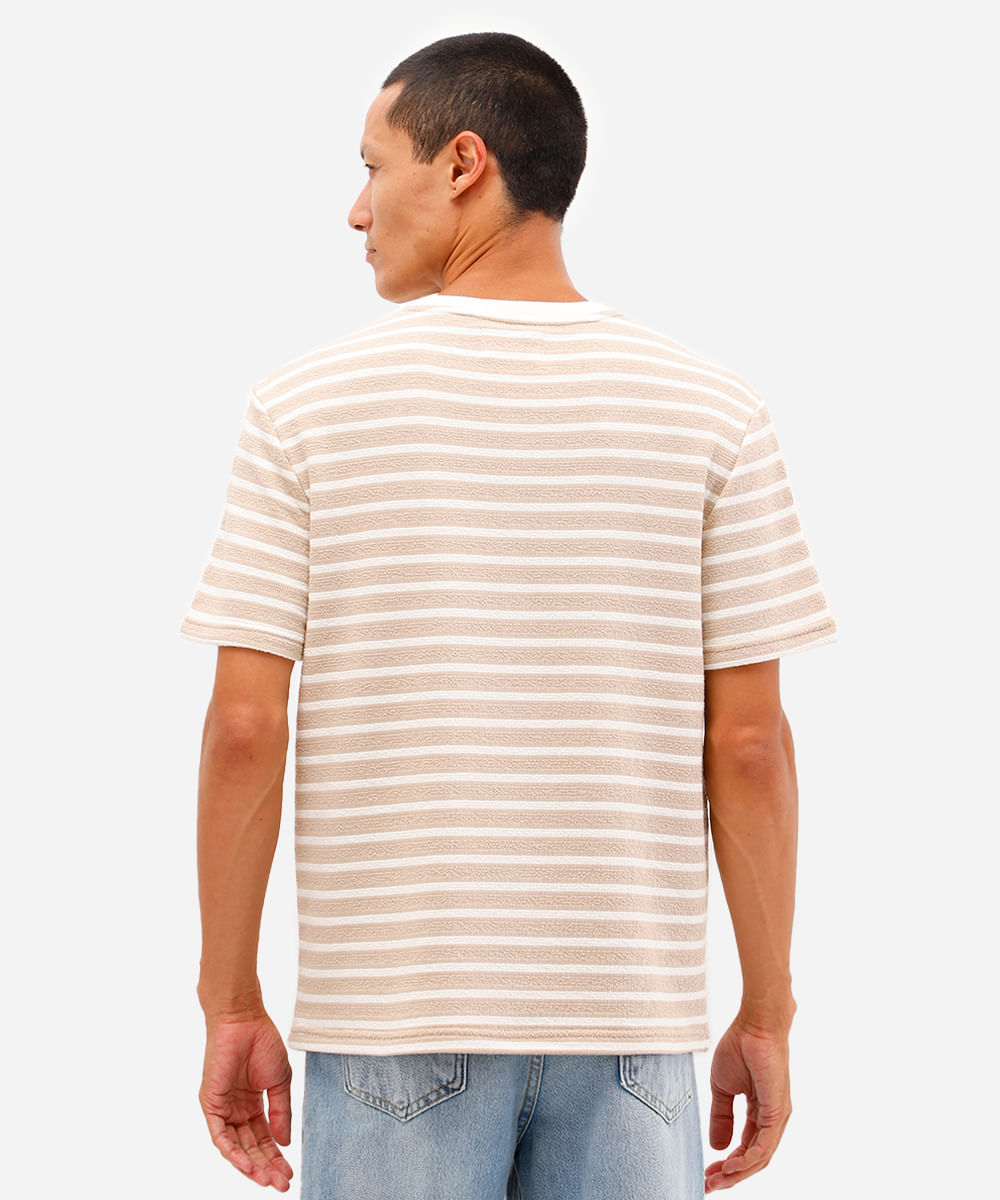 camiseta masculina de algodão texturizada e listrada bege