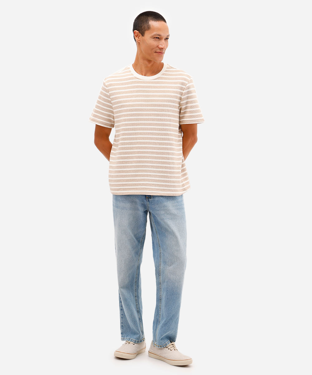 camiseta masculina de algodão texturizada e listrada bege