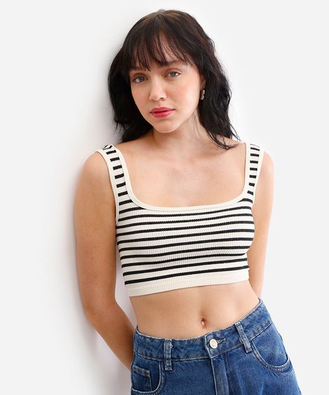 cropped básico feminino canelado listrado off white