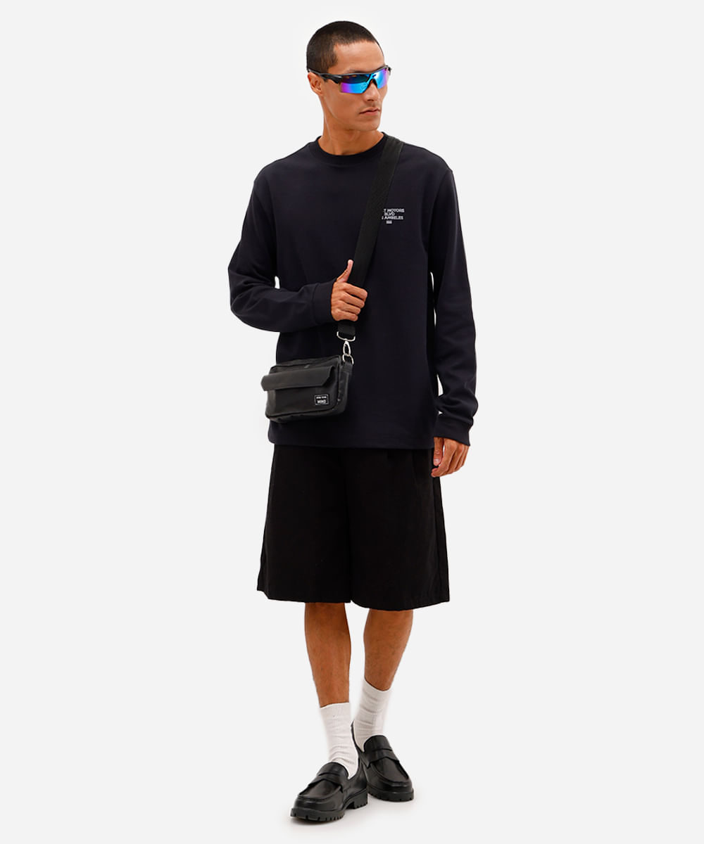 camiseta masculina oversized de algodão manga longa estampada preta