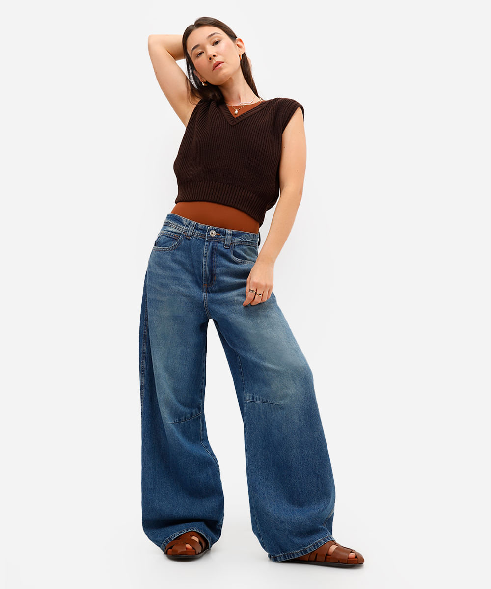calça skater feminina jeans cintura média azul