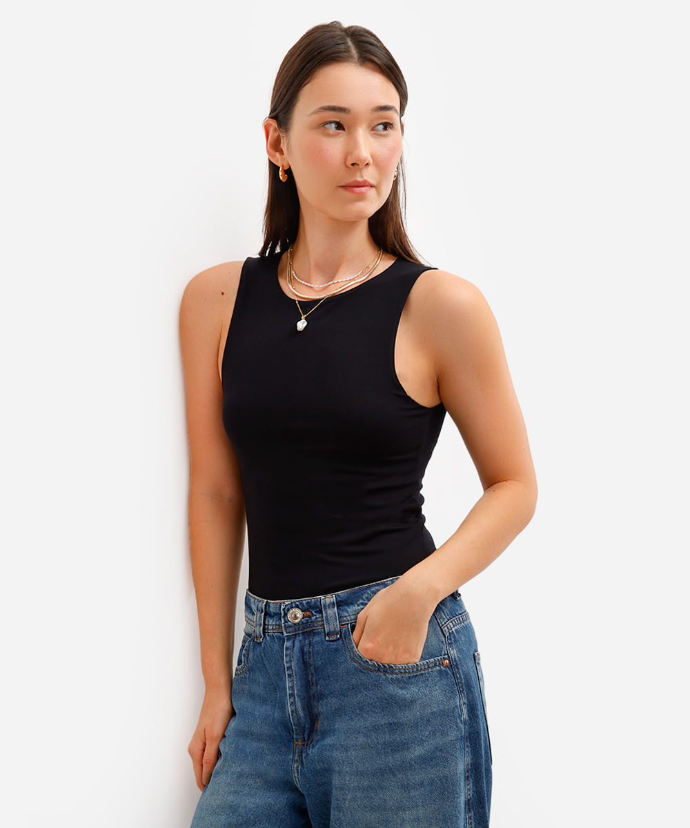 regata básica feminina de viscose alongada preta