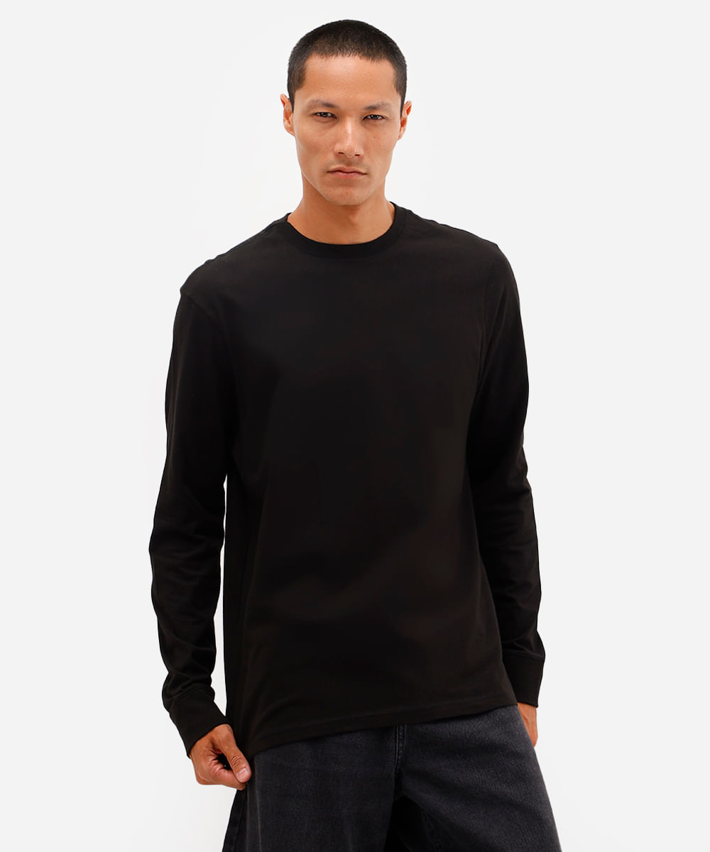 blusa comfort masculina de algodão manga longa preta