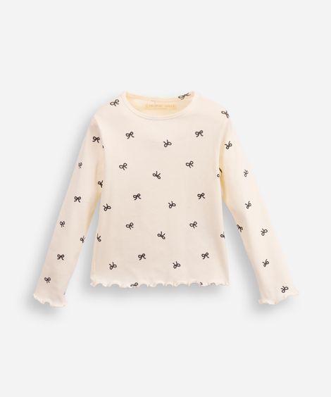 blusa de algodão infantil canelada com lacinho fru fru off white