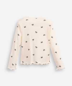 blusa de algodão infantil canelada com lacinho fru fru off white