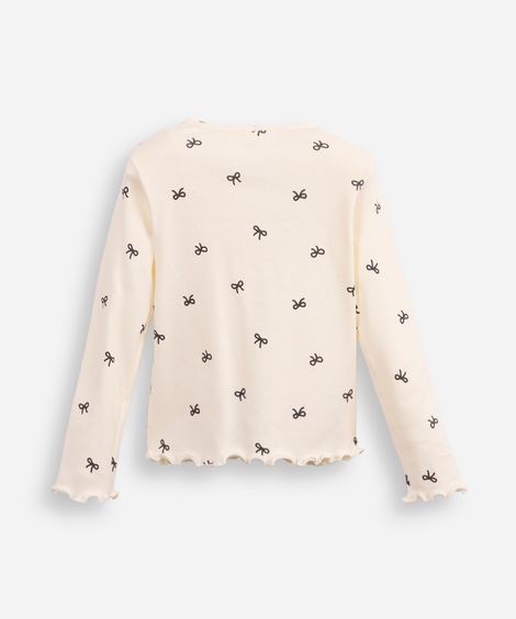 blusa de algodão infantil canelada com lacinho fru fru off white