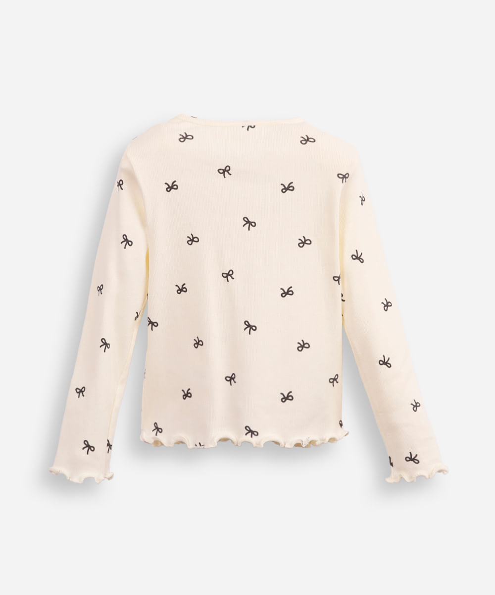 blusa de algodão infantil canelada com lacinho fru fru off white