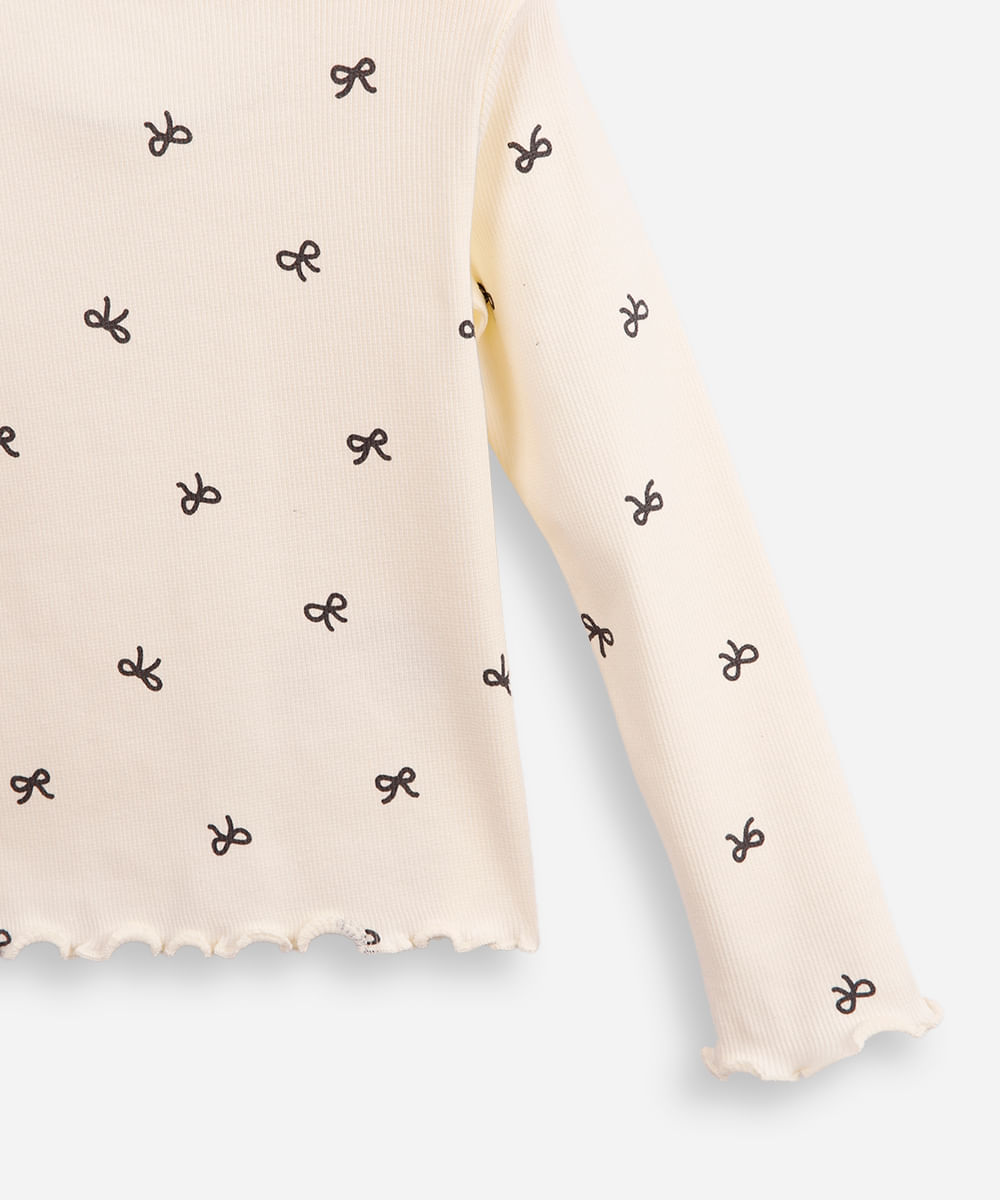 blusa de algodão infantil canelada com lacinho fru fru off white