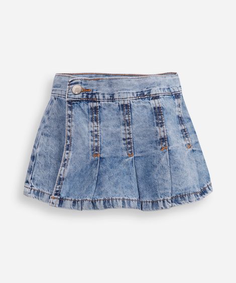 short saia infantil jeans plissada azul
