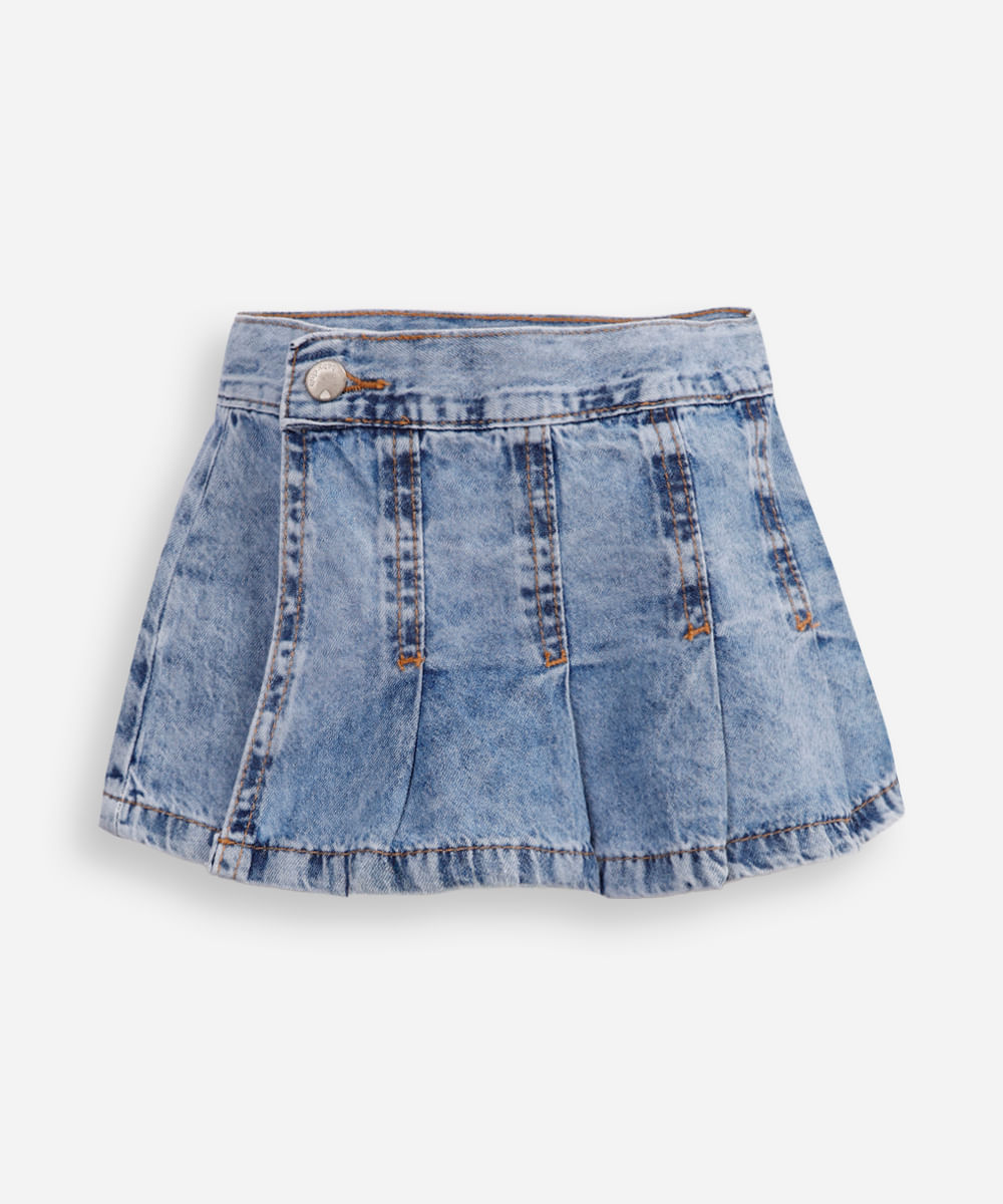 short saia infantil jeans plissada azul