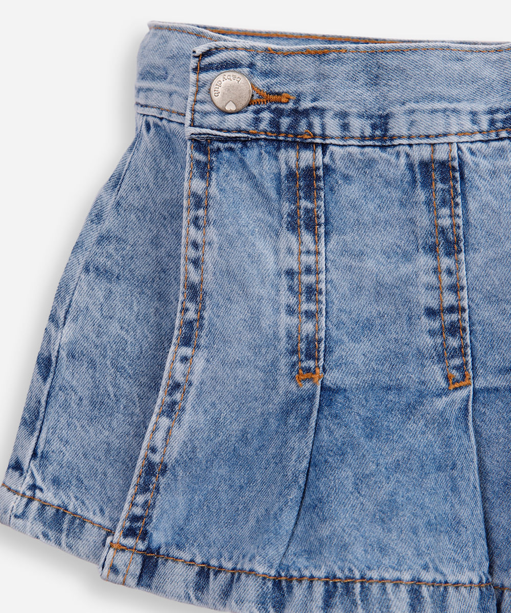 short saia infantil jeans plissada azul