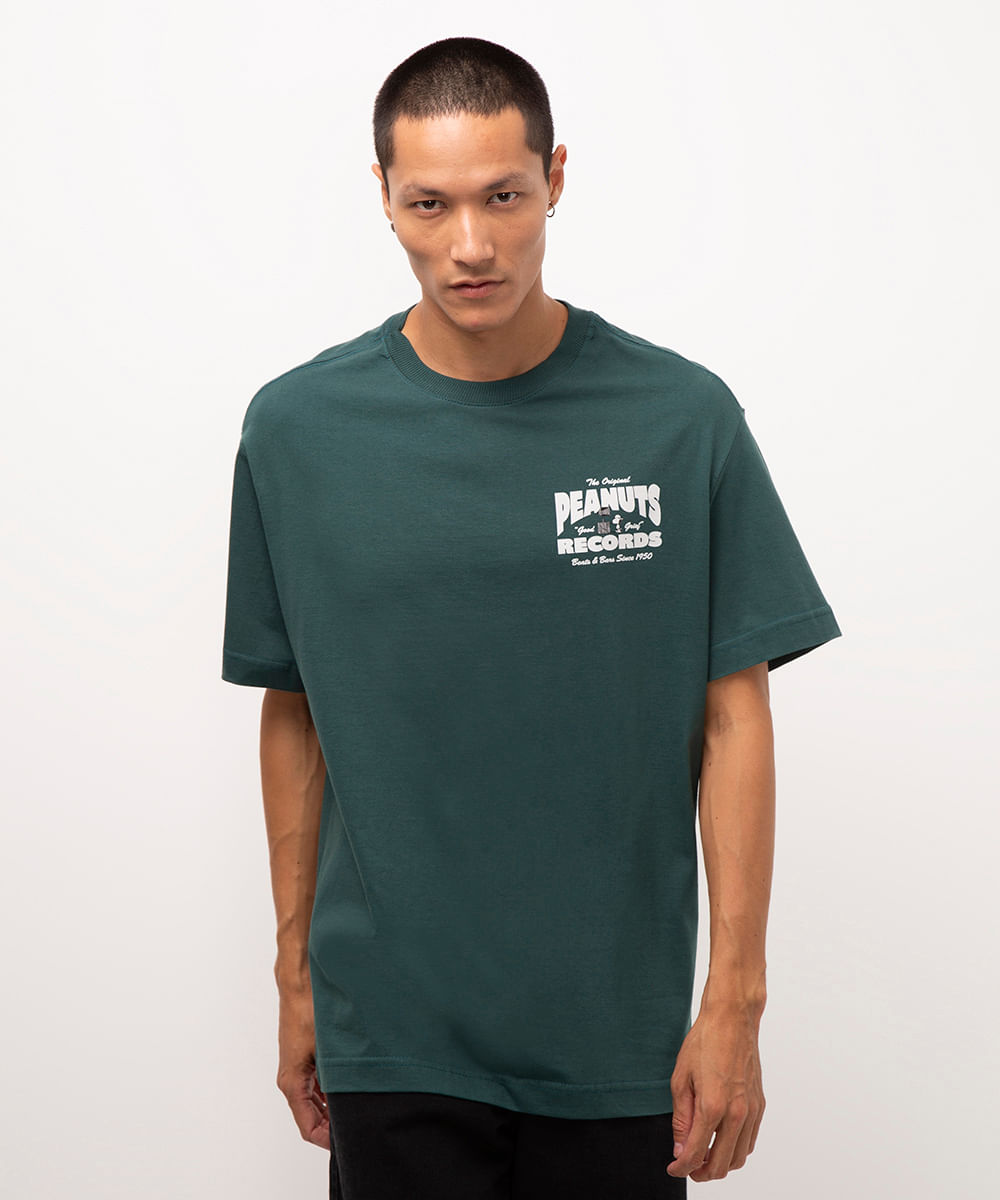 camiseta de algodão manga curta snoopy peanuts verde