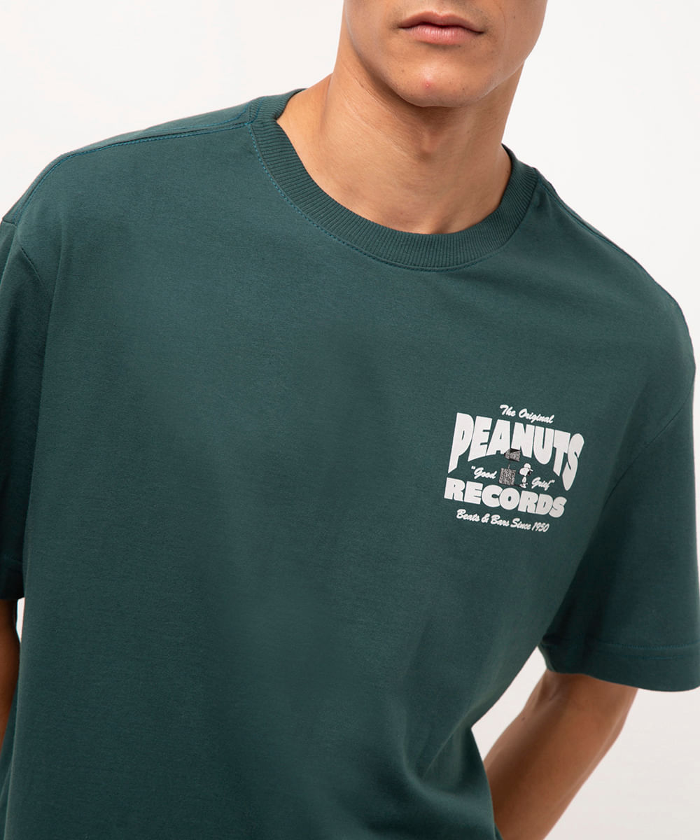 camiseta de algodão manga curta snoopy peanuts verde