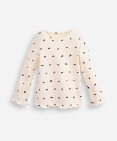 blusa de algodão infantil canelada com lacinho fru fru off white