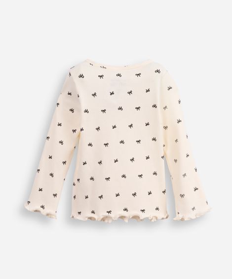 blusa de algodão infantil canelada com lacinho fru fru off white
