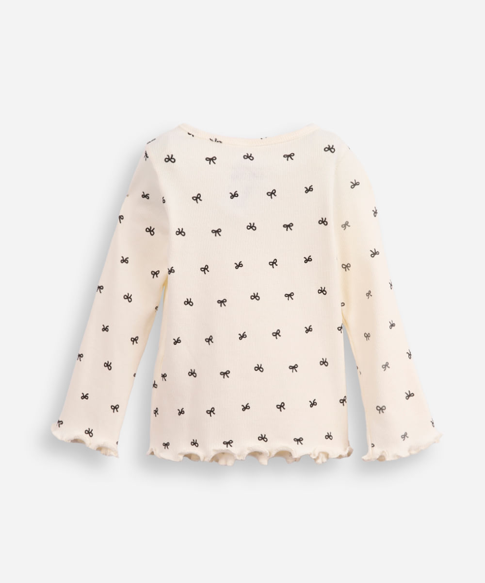 blusa de algodão infantil canelada com lacinho fru fru off white