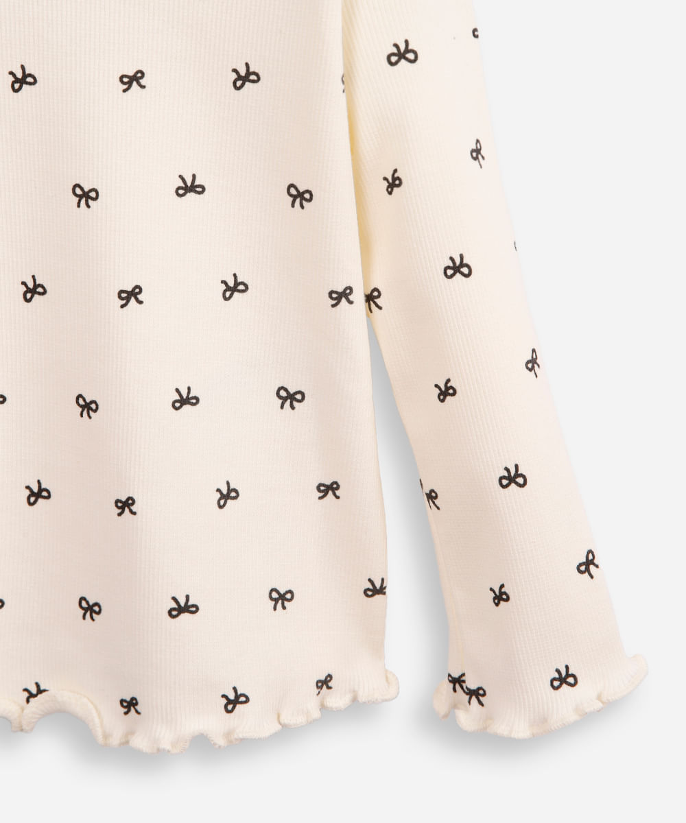 blusa de algodão infantil canelada com lacinho fru fru off white