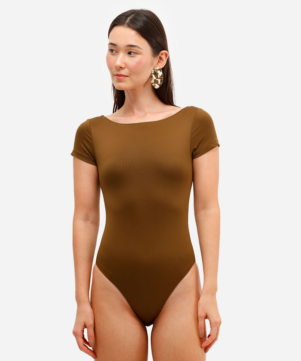 body feminino de poliamida manga curta marrom