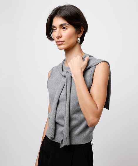colete feminino de tricot com sobreposição mindset - cinza mescla