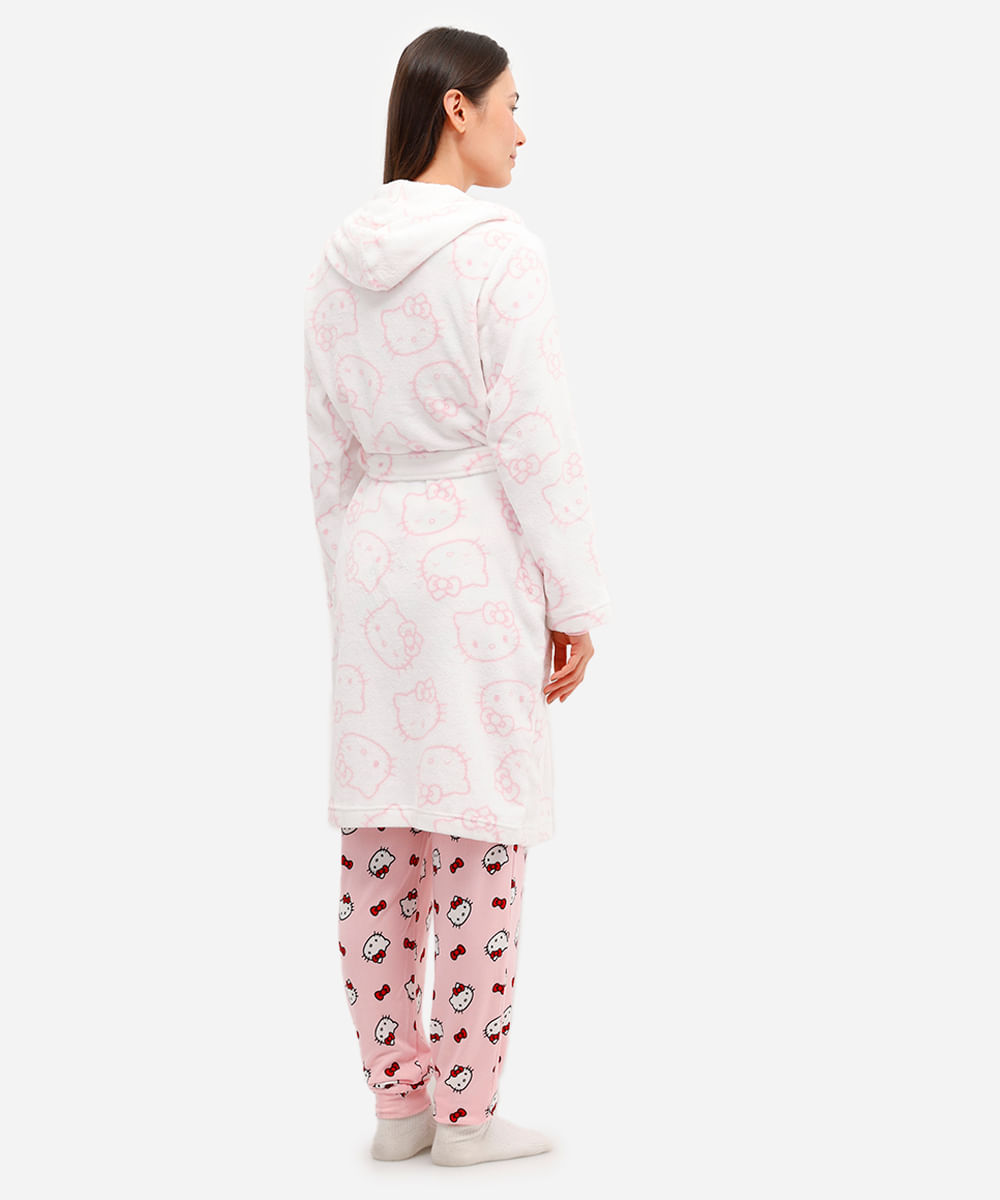 roupão feminino fleece hello kitty com capuz off white