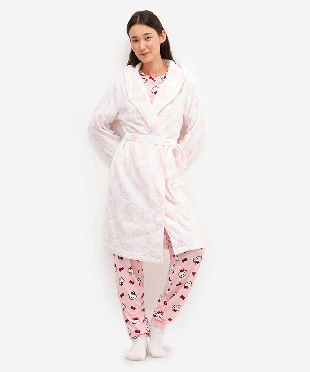 roupão feminino fleece hello kitty com capuz off white