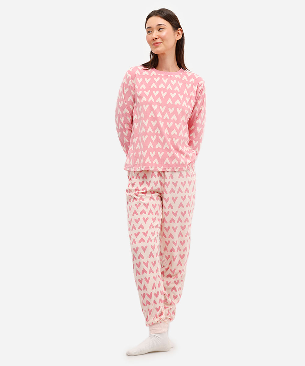 pijama longo feminino corações manga longa rosa