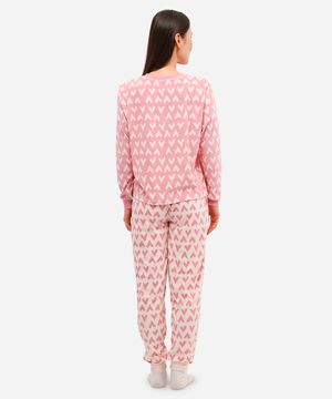 pijama longo feminino corações manga longa rosa