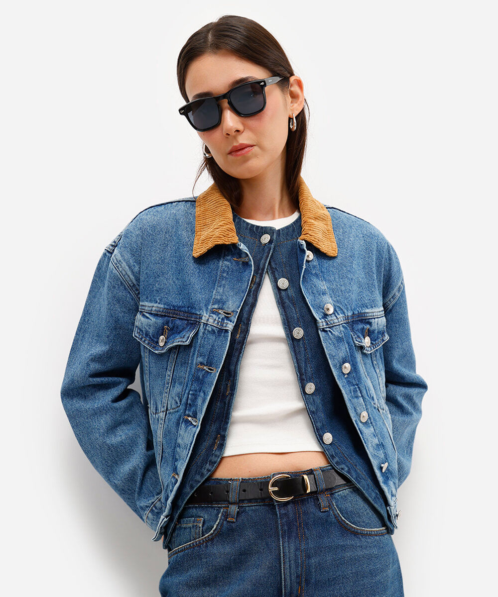 jaqueta jeans feminina gola cotelê azul