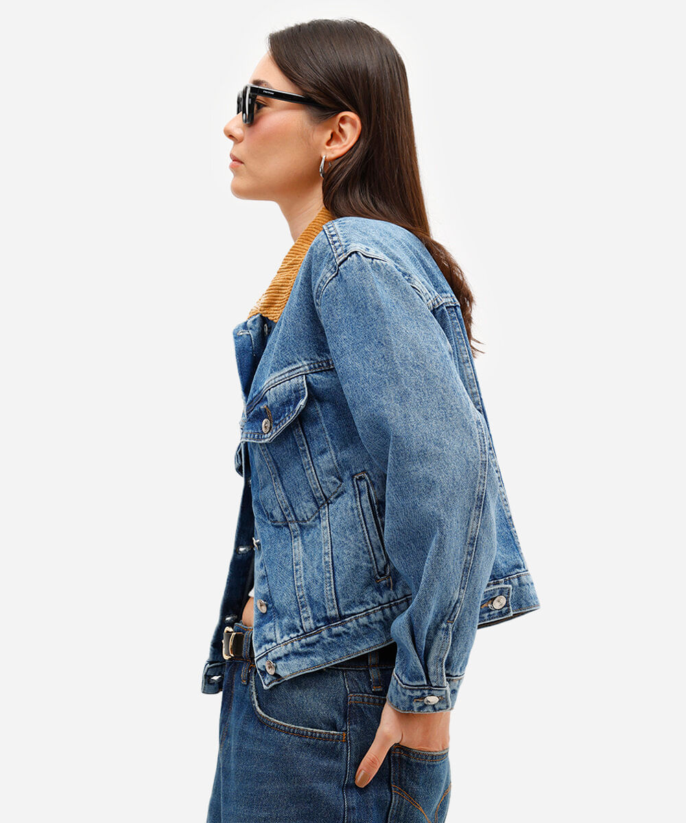jaqueta jeans feminina gola cotelê azul