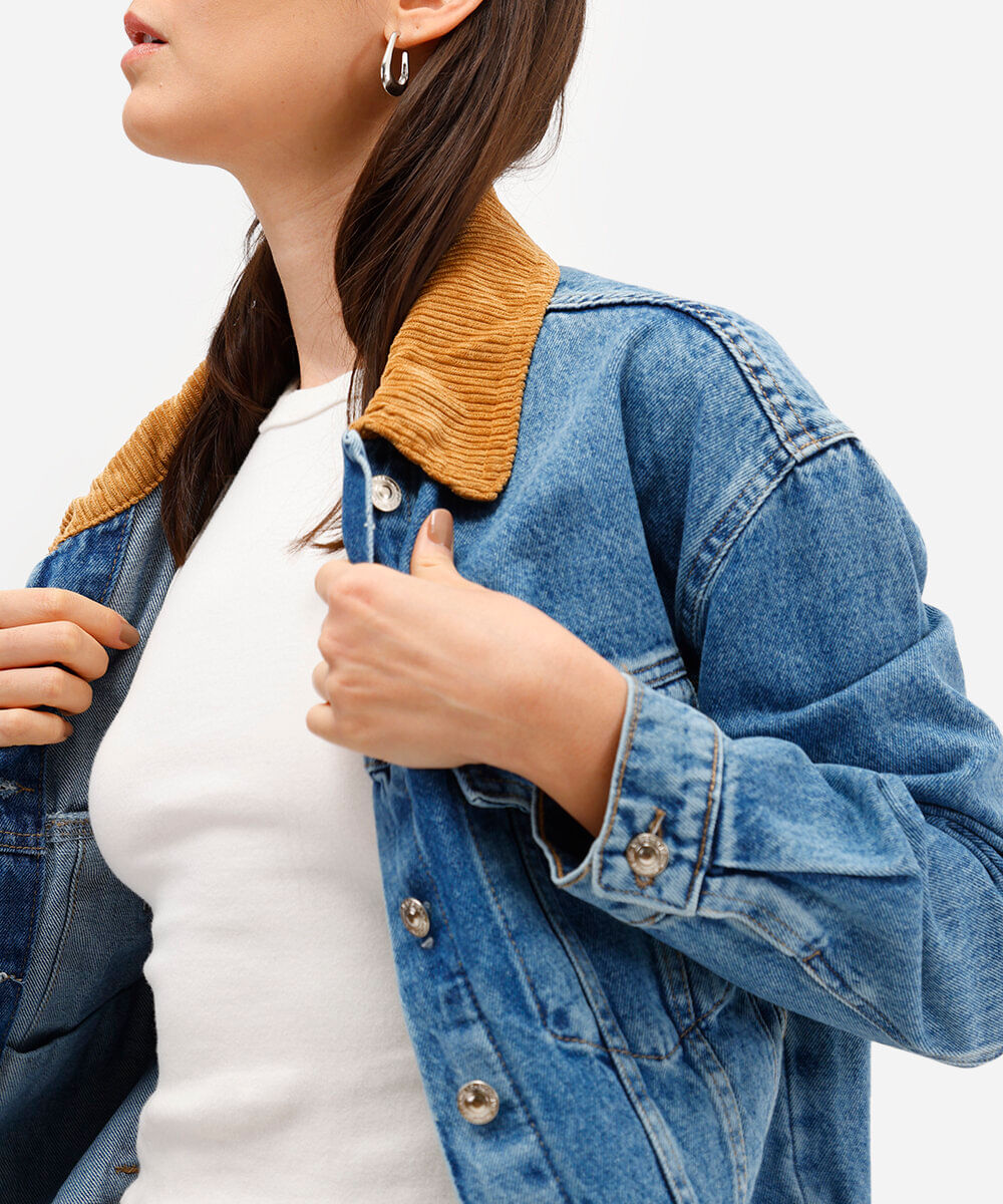 jaqueta jeans feminina gola cotelê azul