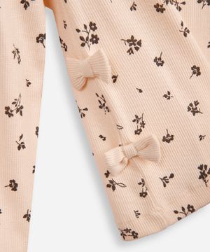 blusa de algodão infantil manga longa floral com lacinho bege