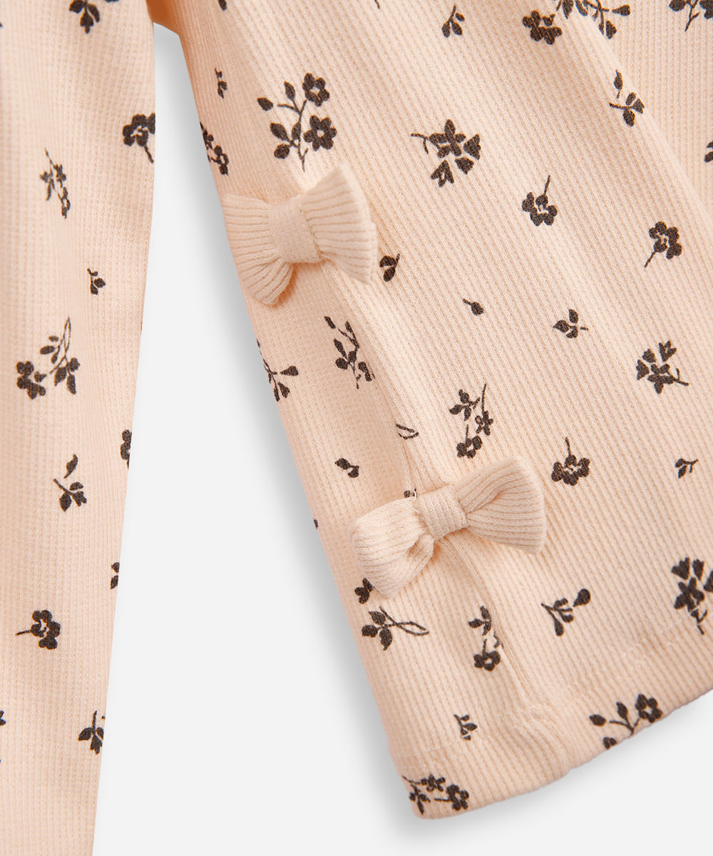blusa de algodão infantil manga longa floral com lacinho bege
