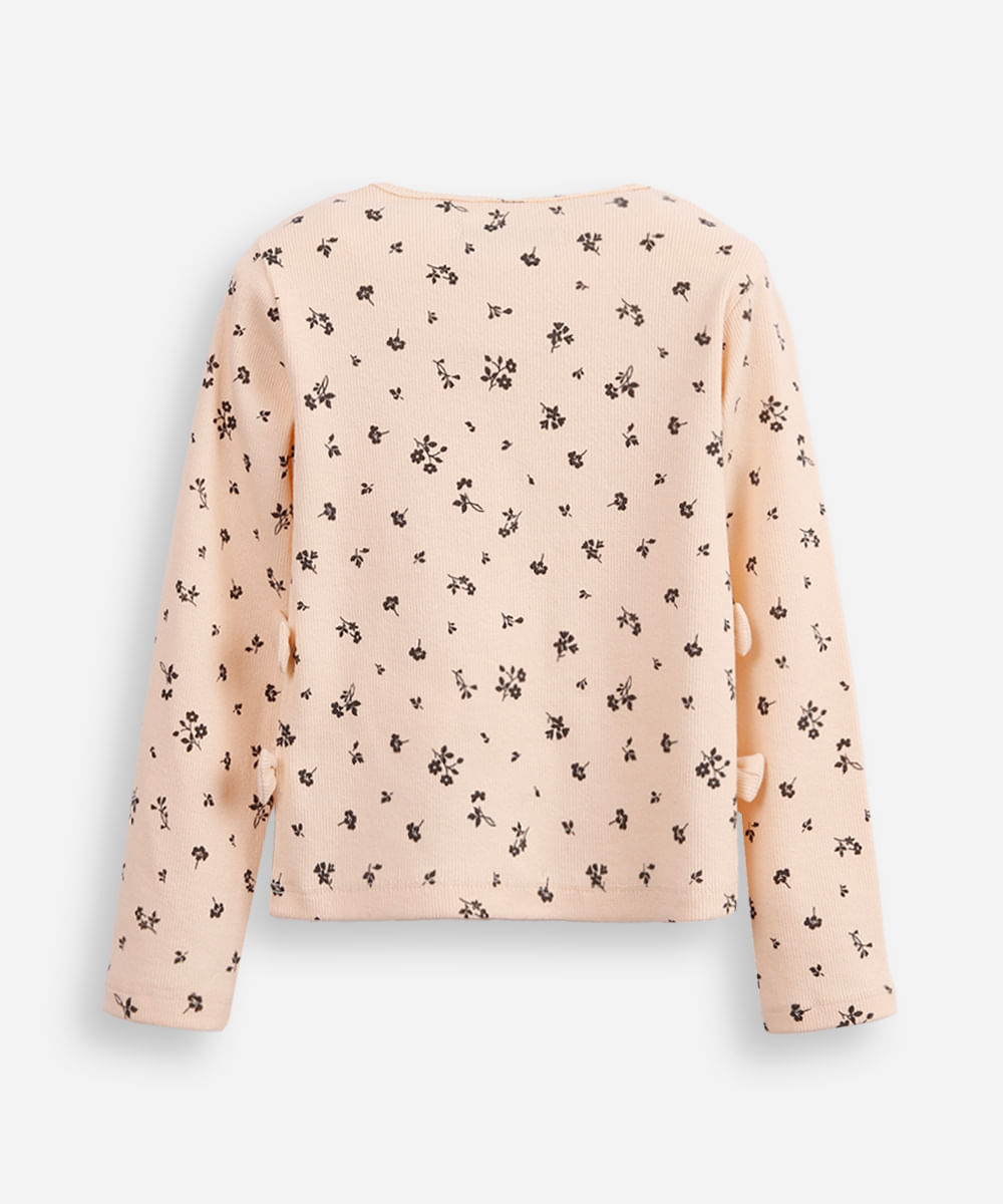 blusa de algodão infantil manga longa floral com lacinho bege