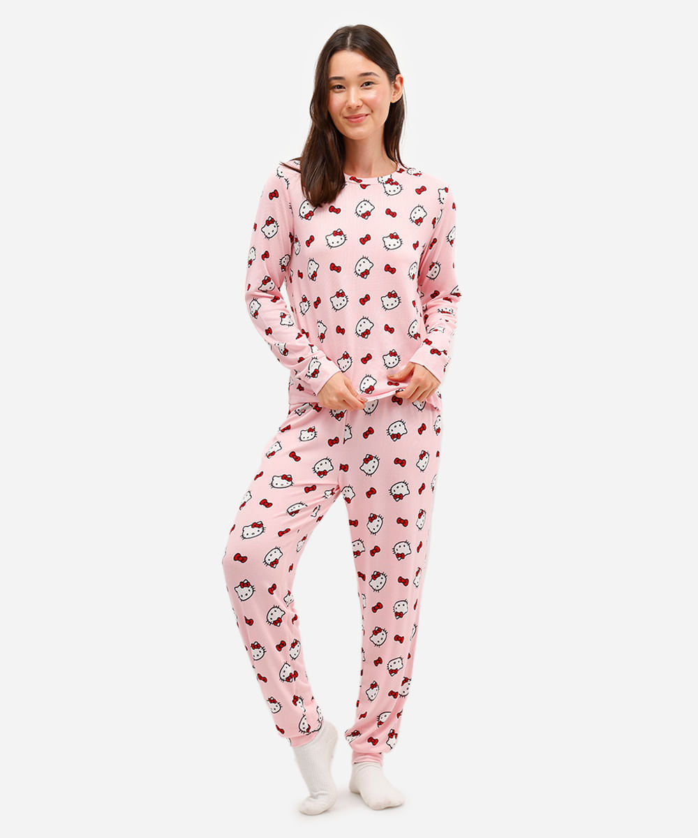 pijama longo feminino hello kitty manga longa rosa