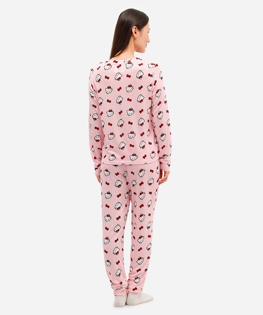 pijama longo feminino hello kitty manga longa rosa