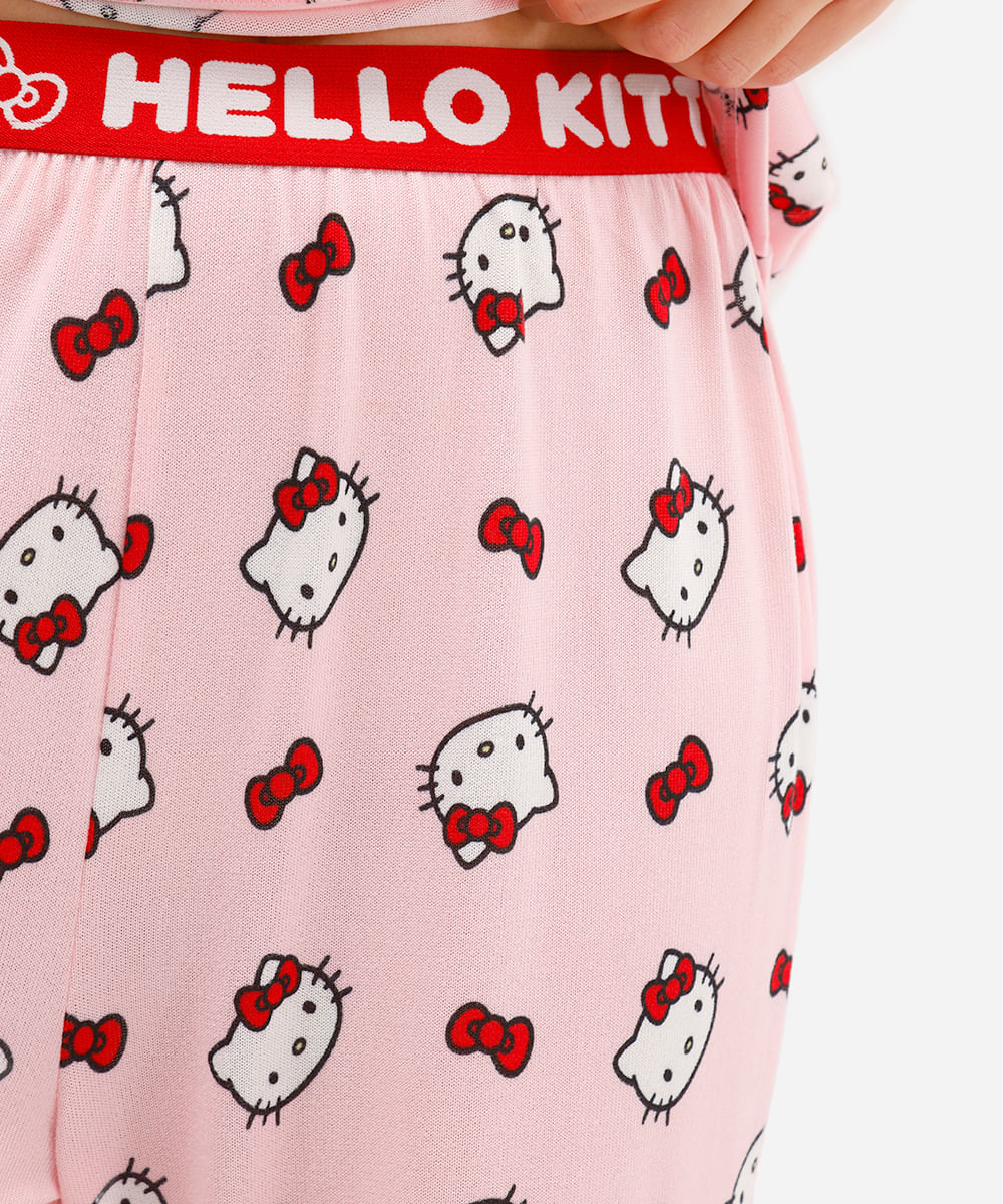 pijama longo feminino hello kitty manga longa rosa
